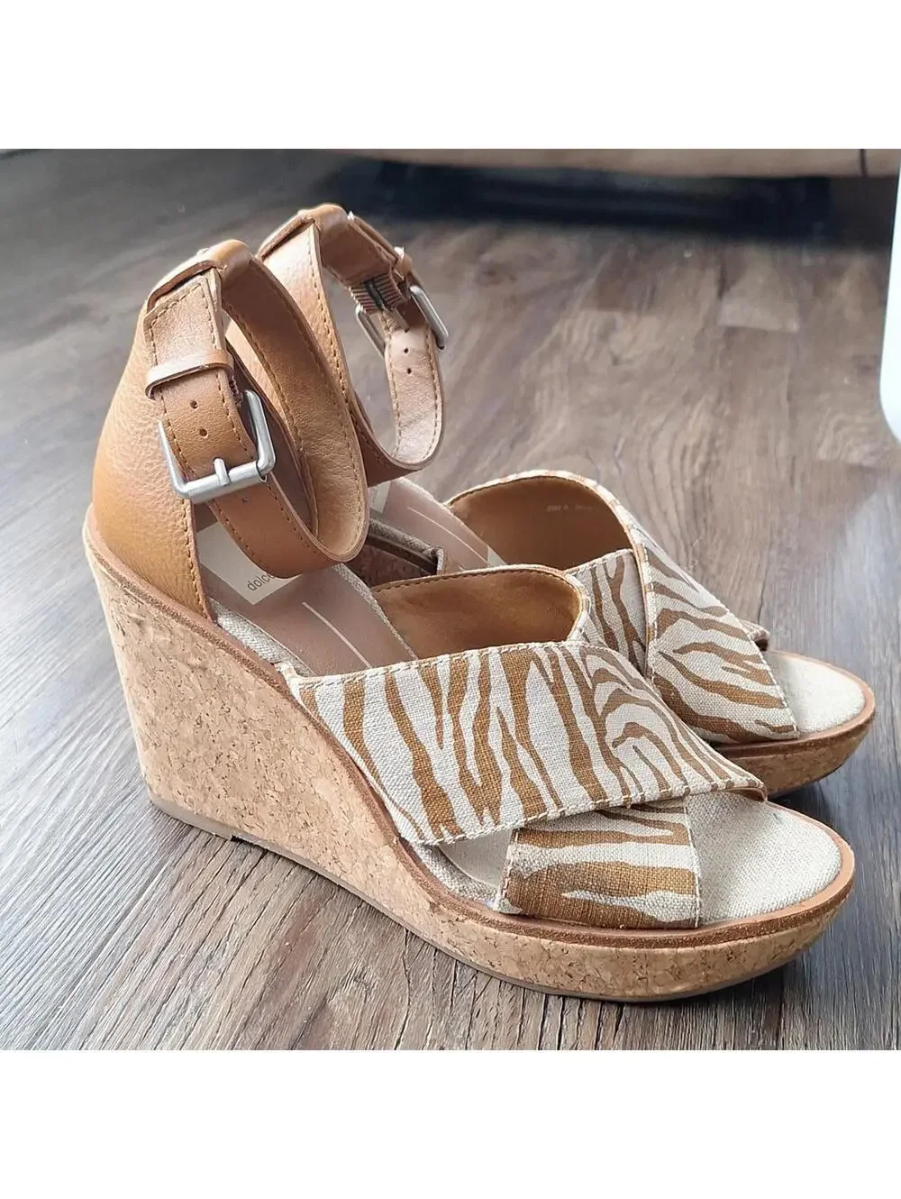 Dolce Vita Brown Zebra Print Ankle Strap Open Toe Wedge Heel Size 8